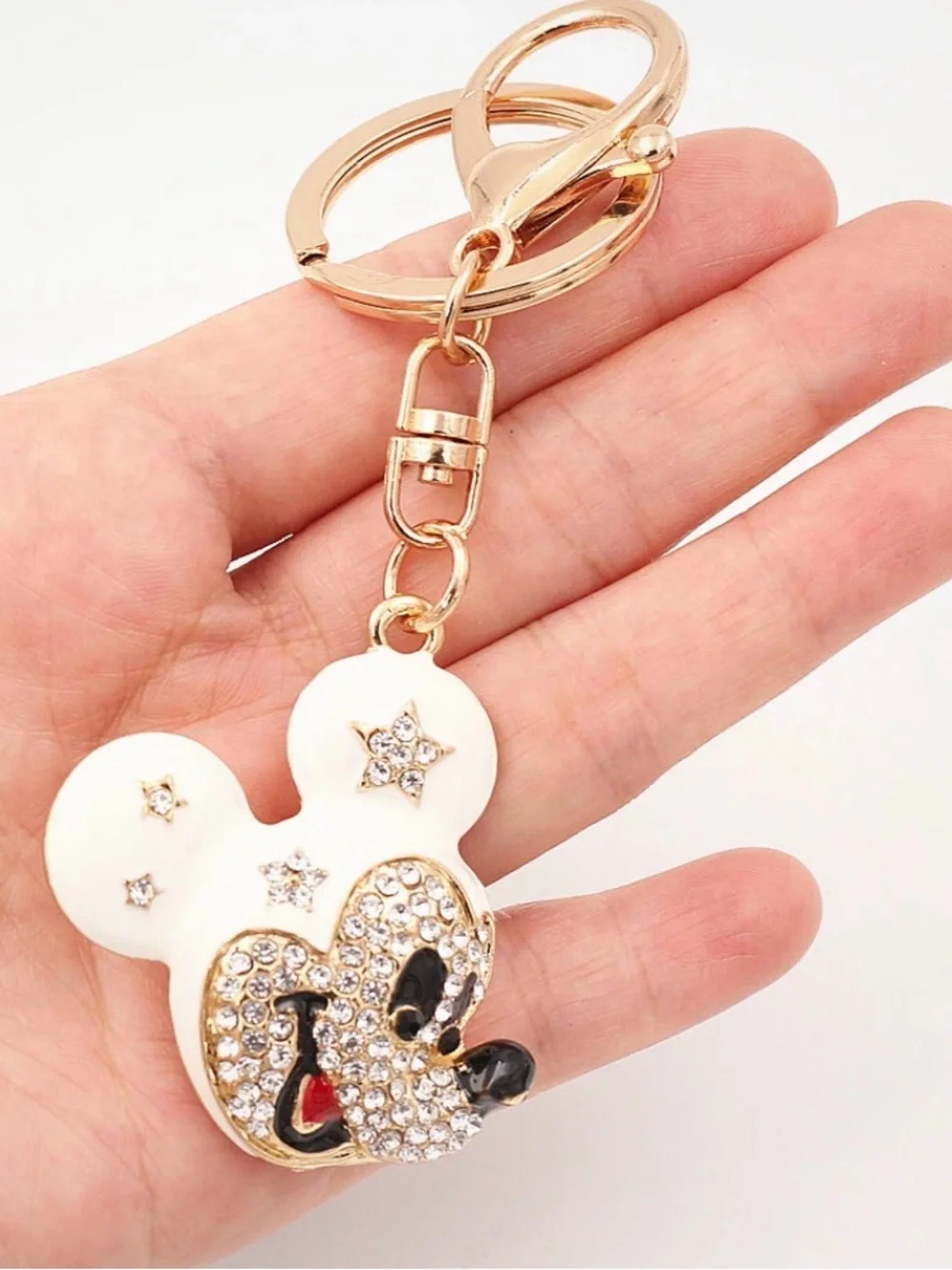 NEW Gold & White Rhinestone Mickey Mouse Bag Charm Keychain